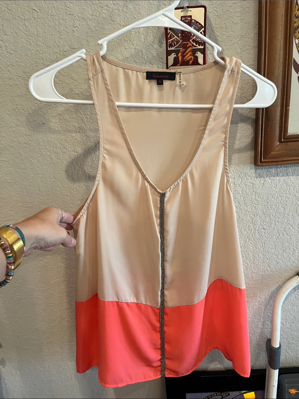 Lulumari Beige and Coral Colorblock V-Neck Tank